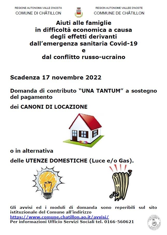 Contributo “UNA TANTUM” a sostegno del pagamento dei CANONI DI LOCAZIONE o delle UTENZE DOMESTICHE (Luce e/o Gas) per nuclei familiari in difficoltà economica per gli effetti derivanti dall’emergenza sanitaria COVID-19 e dal conflitto russo-ucraino.
